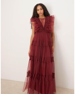 LACE & BEADS Sheer Lace Plunge Maxi Dress - Red