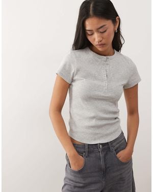 Collusion Short Sleeve Ribbed Henley Top - Gray