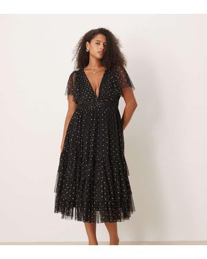 Lace & Beads Plus V Neck Tulle Midi Dress - Multicolour