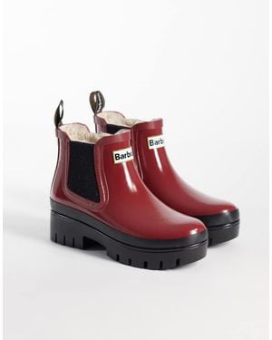Barbour Halton Faux Fur Patent Welly Boots - Red