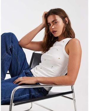 Vero Moda All Over Sunflower Graphic Embroidered Rib Vest - Blue