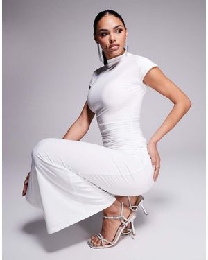 Kaiia Exclusive Double Layered Slinky High Neck Cap Sleeve Bodycon Maxi Dress - White