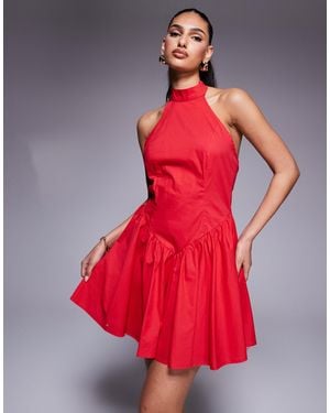 Kaiia Exclusive Halterneck Low Back Dropped V Waist Mini Dress - Red