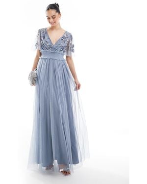 Maya Floral Embellished Shirred Waist Short Sleeve Maxi Bridesmaid Dress - Blue