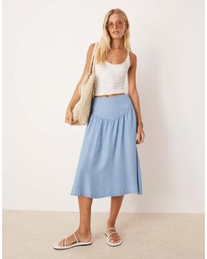 Mango Drop Waist Gathered Detail Midi Skirt - Blue