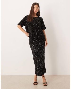 Vila Sequin & Velour Maxi Skirt Co-ord - Black