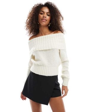 Bershka Fluffy Bardot Jumper - White