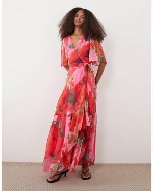 Hope & Ivy Flutter Sleeve Tie Waist Maxi Wrap Dress - Red