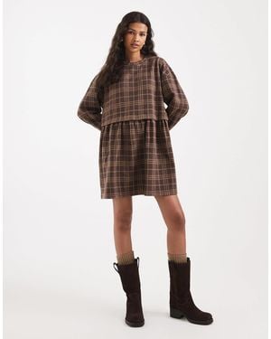Miss Selfridge Check Long Sleeve Layered Smock Dress - Brown
