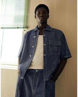 Bershka Denim Short Sleeve Shirt With Clasps - Blue