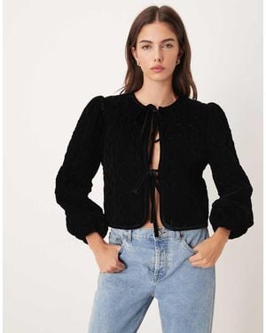 Nobody's Child Cropped Velvet Quilted Jacket With Tie Front - Black