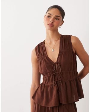 Nobody's Child Linen Blend Ruched Tie Front Top - Brown