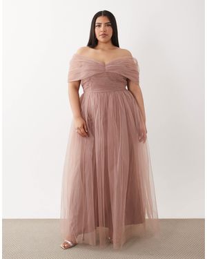 Lace & Beads Plus Bridesmaid Tulle Bardot Maxi Dress - Brown