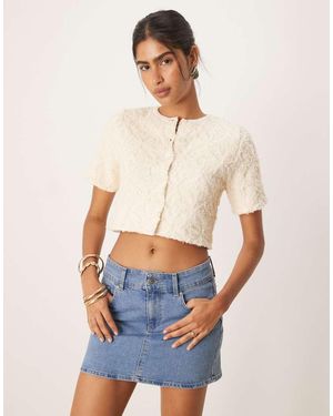 Mango Texture Knitted Short Sleeve Cropped Cardigan - Blue