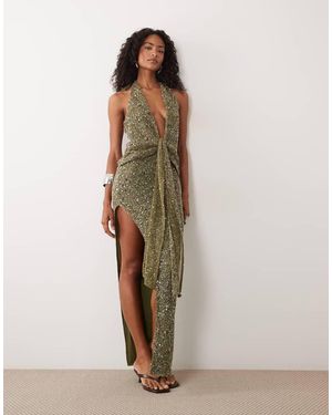 Murci Vestito Lungo Allacciato Al Collo Con Scollo Profondo Drappeggiato E Nodo - Verde