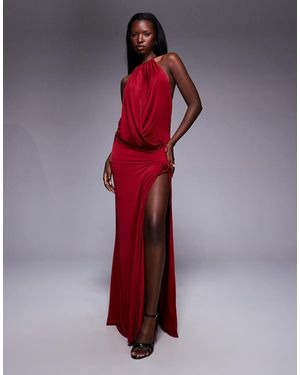 Tiger Mist Tarrin Metal Halterneck Ring Detail Extreme Plunge Neck Tie Side Maxi Dress - Red