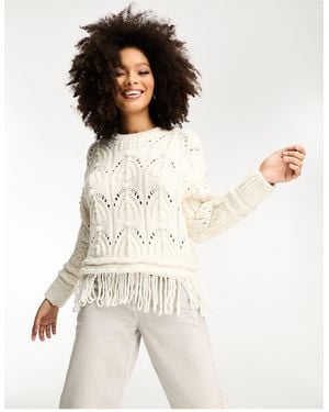River Island Imitation Pearl Embellished Cable Fringe Sweater - White