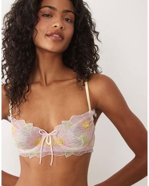 For Love & Lemons Blush Hibiscus Embroidered Underwire Bra With Bow - Brown