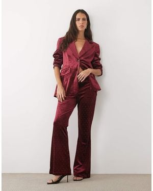 Never Fully Dressed Velvet Hot Fix Embellished High Rise Flare Trouser Co-Ord - Red