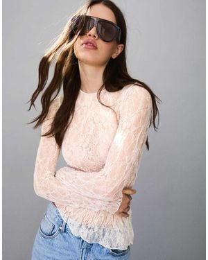 Bershka Long Sleeve Lace Frill T-shirt - Grey