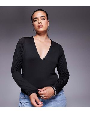 ASOS Asos Design Curve Double Layer Long Sleeve Deep V Neck Top - Black
