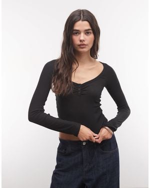 Collusion Long Sleeve Fitted Ruched Front Top - Black