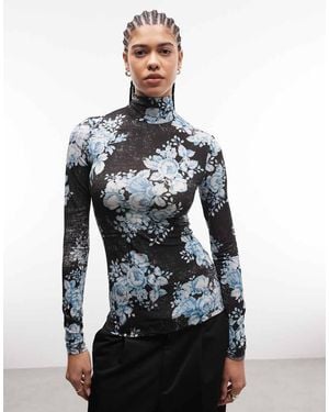 & Other Stories Sheer Floral Printed High Neck Top - Black