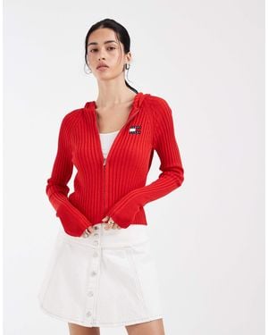Tommy Hilfiger Hooded Rib Cardigan - Red
