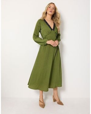 Long Tall Sally Polka Dot Lace Detail Satin Midi Dress - Green
