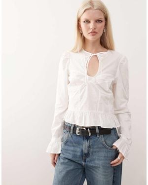 Monki Keyhole Long Sleeve Top With Peplum Detail - White