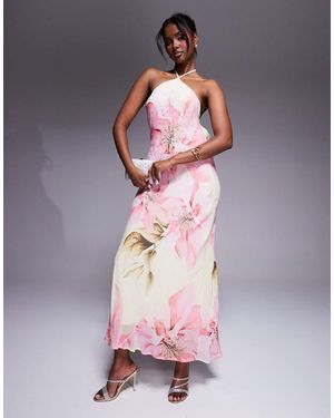 River Island Floral Halterneck Maxi Dress With Embellished Detail - Pink