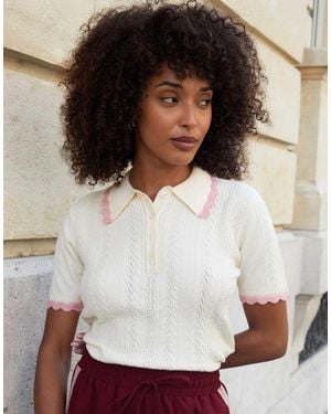Threadbare Pointelle Knit Scalloped Polo Collar Top - White