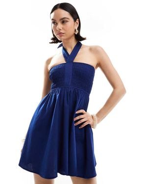 esmé studios Esmee Exclusive Halter Shirred Top Mini Beach Dress - Blue