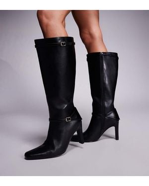 Public Desire Public Desire Poppy Wide Fit Heeled Knee Boots With Buckle Detail - Black
