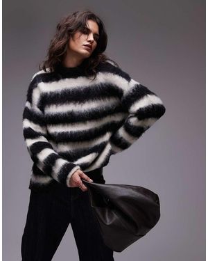 TOPSHOP Knitted Boysy Ultra Fluffy Stripe Oversized Jumper - Grey