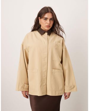 ARRANGE Curve Canvas Oversized Barn Shacket With Corduroy Collar - Natural