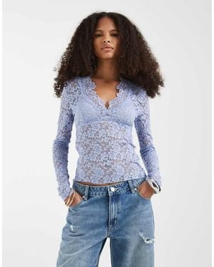 Free People All Day Long Sleeve Lace Top - Blue