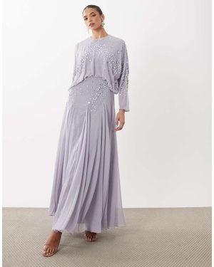 ASOS Blouson Bodice Embellished Batwing Sleeve Maxi Dress With Godet Hem - Purple