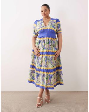 Hope & Ivy Plus V-neck Puff Sleeve Midi Smock Dress - Blue
