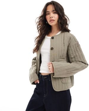 ASOS Linen Crop Collarless Quilted Jacket - Natural