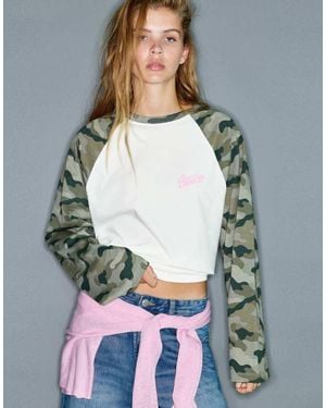 Pull&Bear T-Shirt Stampata A Maniche Lunghe Color Ghiaccio - Grigio