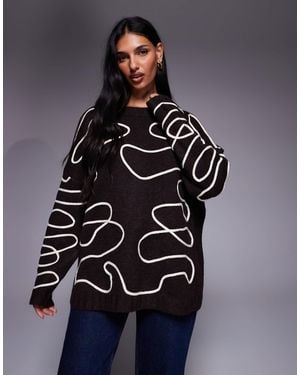 Kaiia Exclusive Wool Feel Crew Neck Abstract Stitch Sweater - Blue