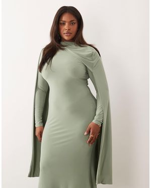 ASOS Asos Design Curve Slinky Long Sleeve Maxi Dress With Extreme Cape Shoulder Detail - Green