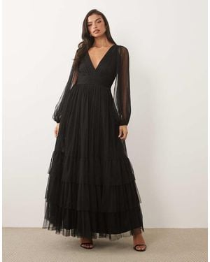 LACE & BEADS Bridesmaid Tulle Sheer Sleeve Plunge Neck Tiered Maxi Dress - Black