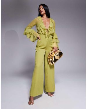 ASOS Long Sleeve Ruffle Jumpsuit With Tie Detail - Metallic