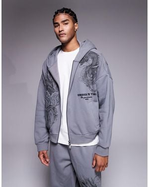 River Island Zip Down Oversized Dragon Print Hoodie - Gray