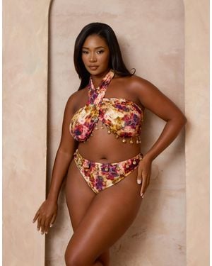Moda Minx Curve X Alessa Tyrrell-charles Floral Print Wrap Bikini Top With Bead Detailing - Brown