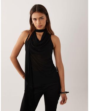 ASOS Sheer Mesh Cowl Neck Top With Fringe Scarf - Black