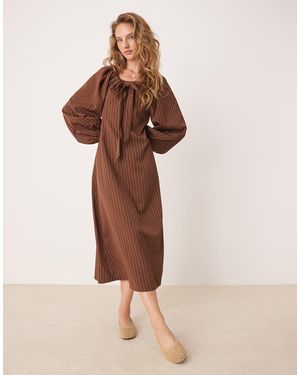Glamorous Tie Front Volume Sleeve Maxi Smock Dress - Brown