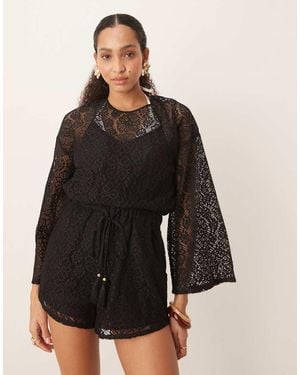 ASOS Crochet Long Sleeve Mini Playsuit With Drawstring - Black
